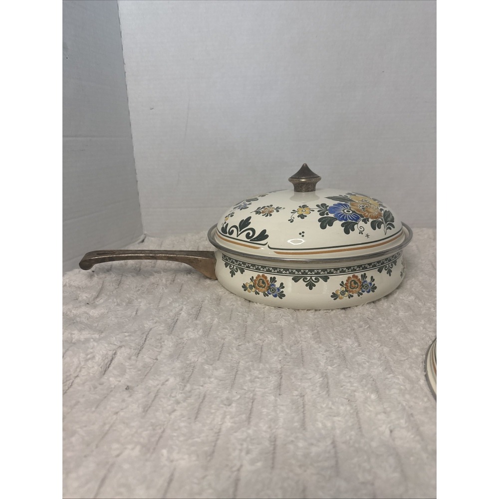 Vintage ASTA Enamelware Skillet Fry 10" Pot Lid Villaroy Boch Floral Amsterdam